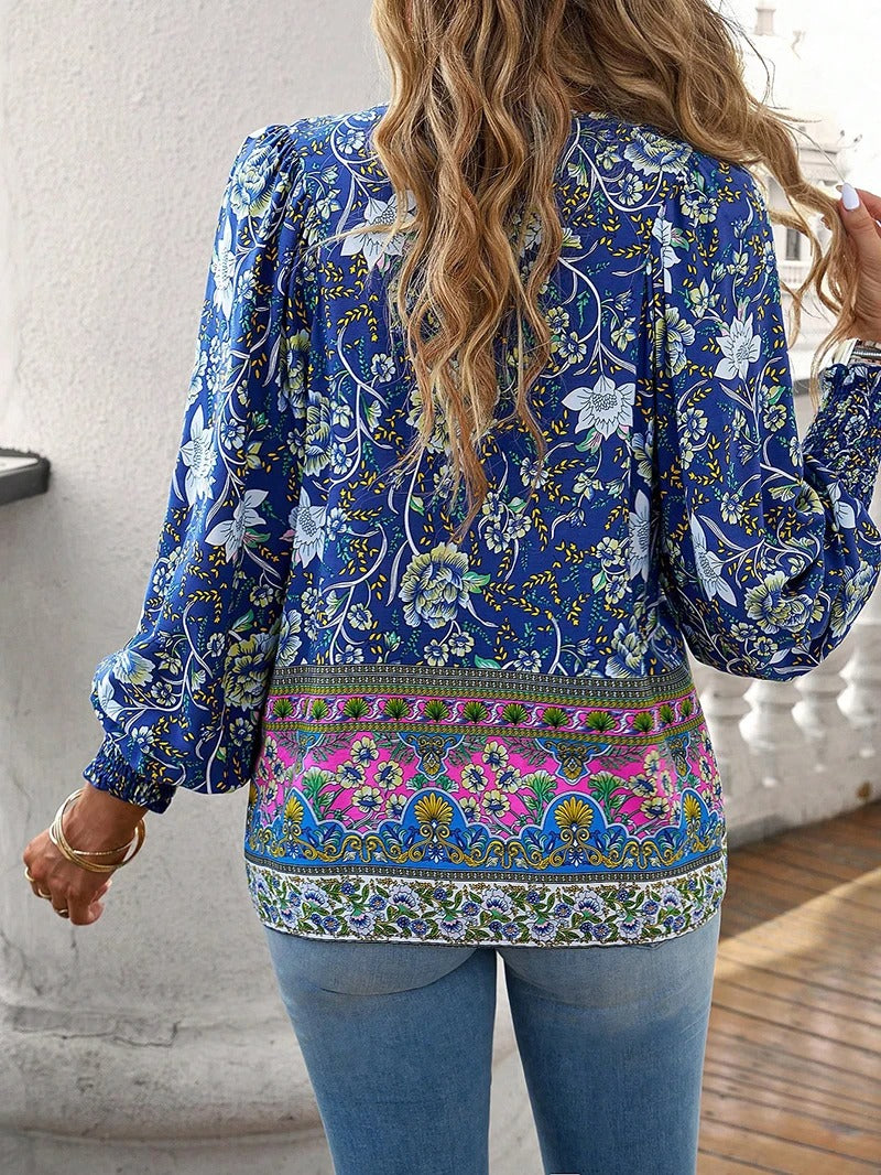 Boho Print V-Neck Blouse with Flowy Relaxed Fit