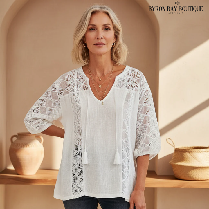 Open Knit V-Neck Short Sleeve Top with Relaxed Fit