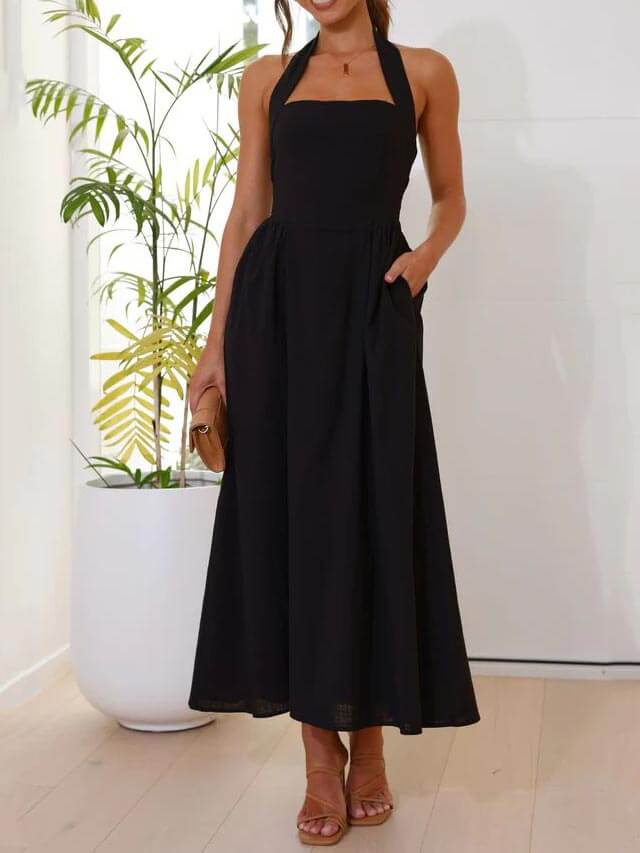 Black Halter Neck Dress Mid Length Dress