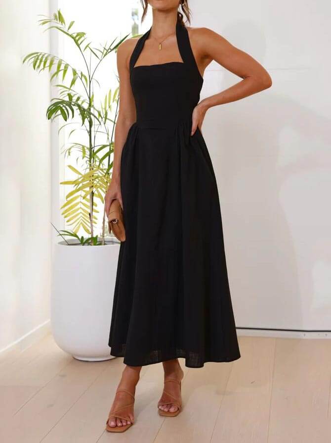 Black Halter Neck Dress Mid Length Dress