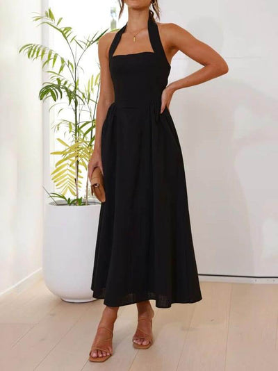 Black Halter Neck Dress Mid Length Dress