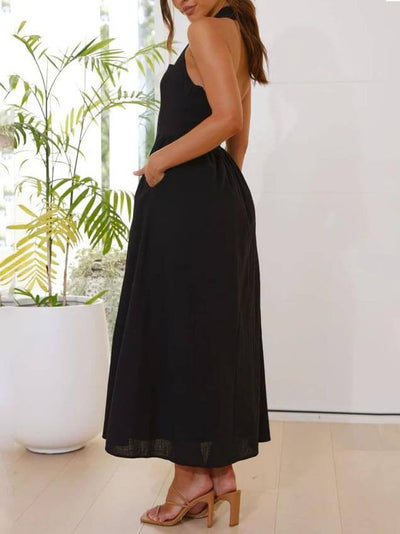 Black Halter Neck Dress Mid Length Dress