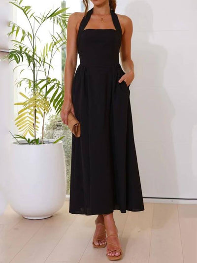 Black Halter Neck Dress Mid Length Dress
