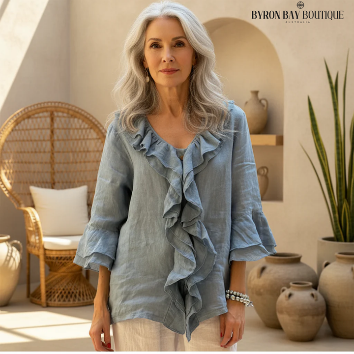 Ruffle Front Long Sleeve Blouse with Relaxed Elegant Fit