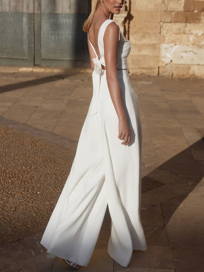 White Sleeveless Short Top and Wide-leg Pants Set