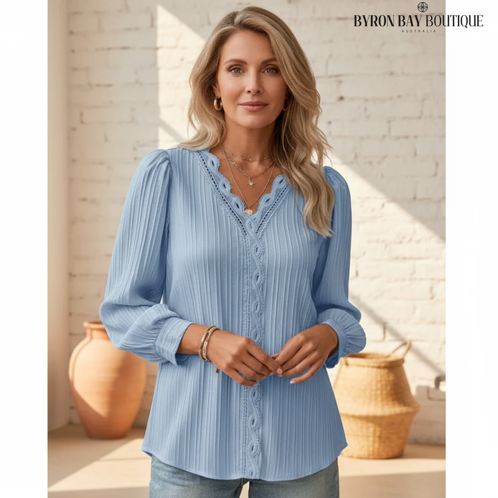 Textured V-Neck Long Sleeve Blouse with Relaxed Fit