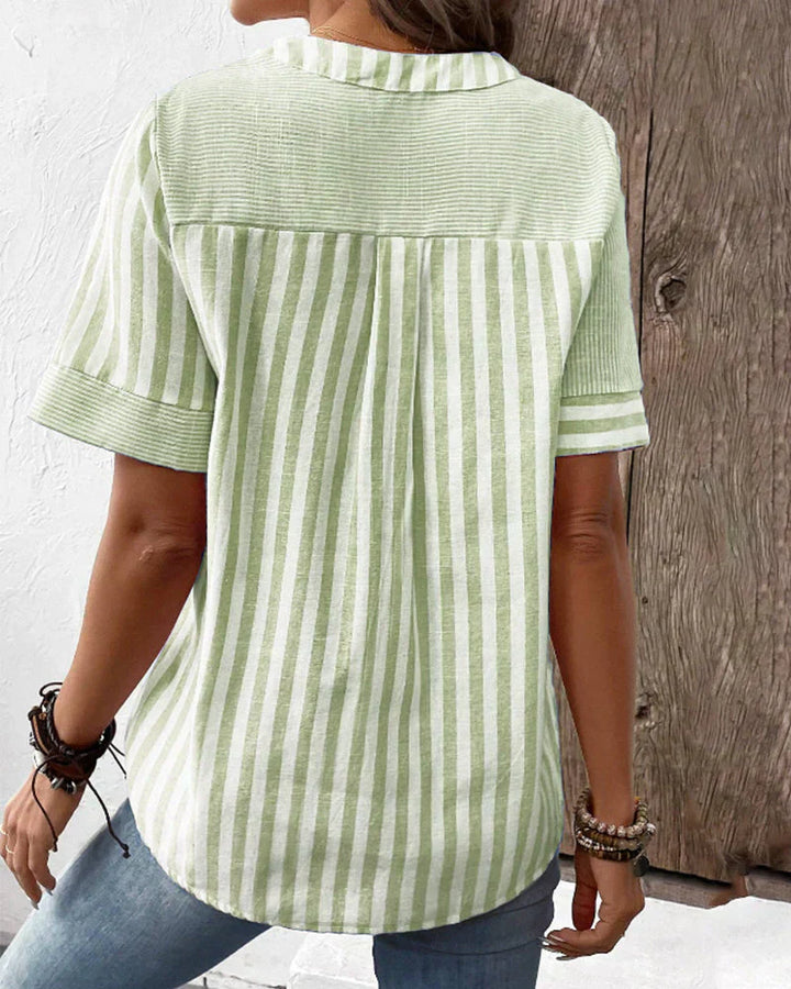 Striped Button Front Short Sleeve Blouse with Relaxed Fit