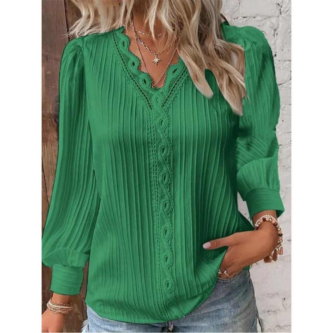 Textured V-Neck Long Sleeve Blouse with Relaxed Fit