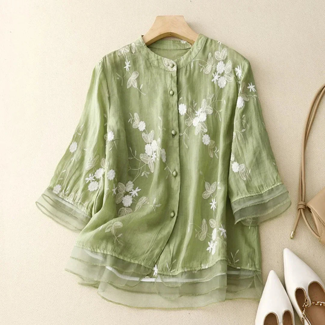 Sheer Embroidered Long Sleeve Blouse with Relaxed Fit