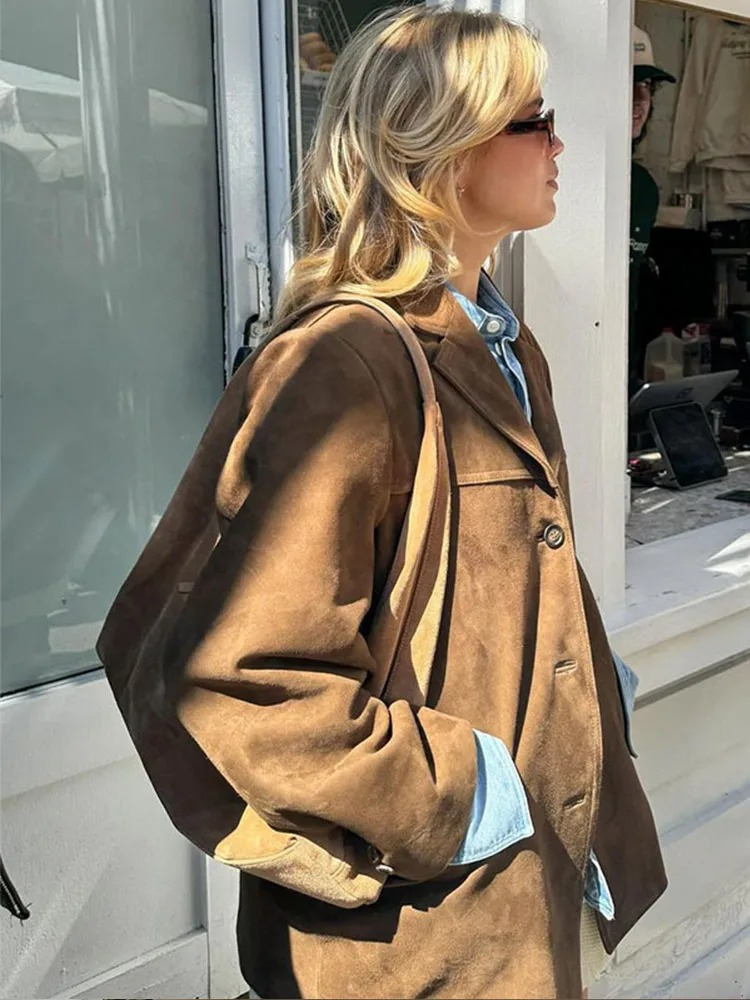 Elegant Oversized Brown Suede Fall Jacket