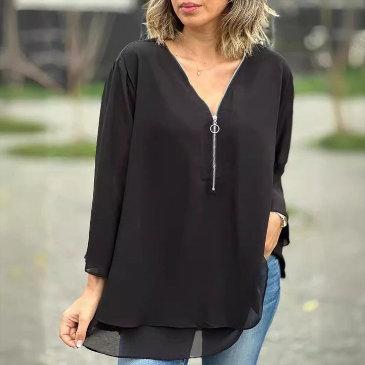 Flowy V-Neck Long Sleeve Blouse with Relaxed Fit