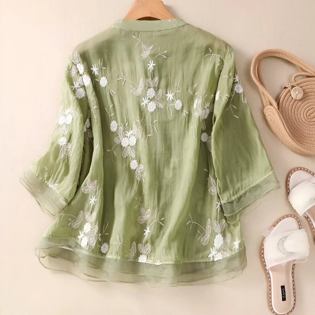 Sheer Embroidered Long Sleeve Blouse with Relaxed Fit