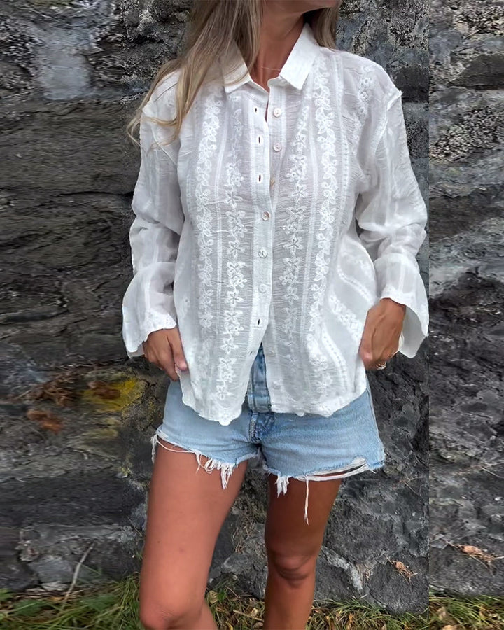 Embroidered Button-Up Blouse with Relaxed Feminine Fit