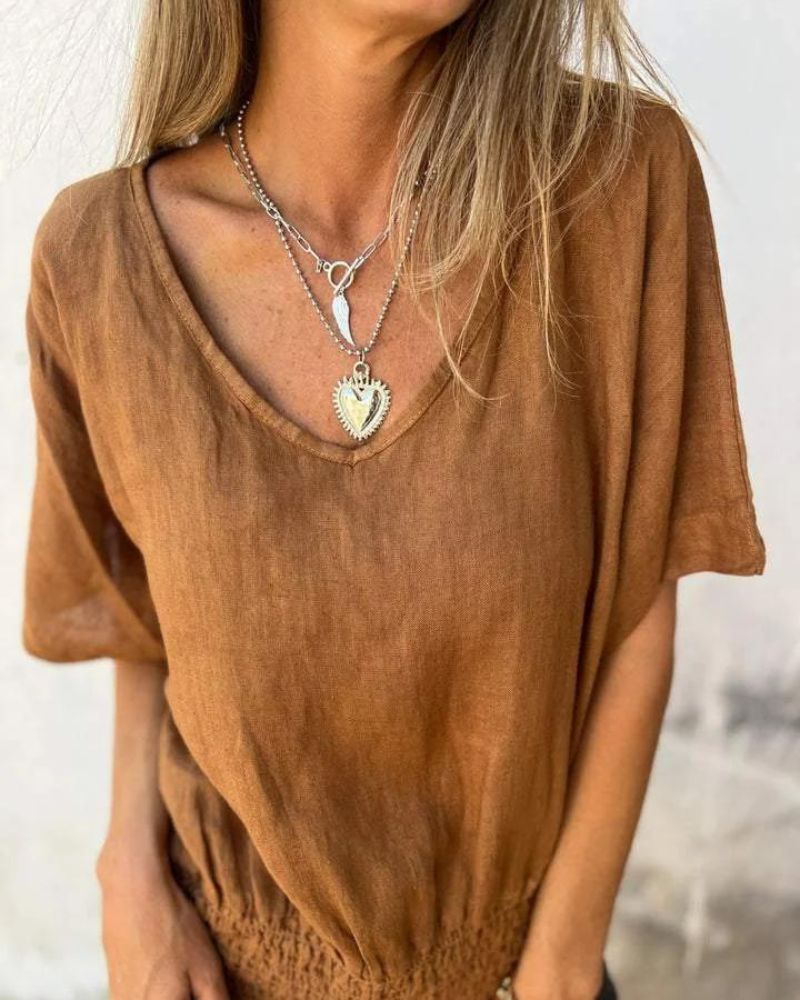 Relaxed V-Neck Short Sleeve Top with Soft Fit