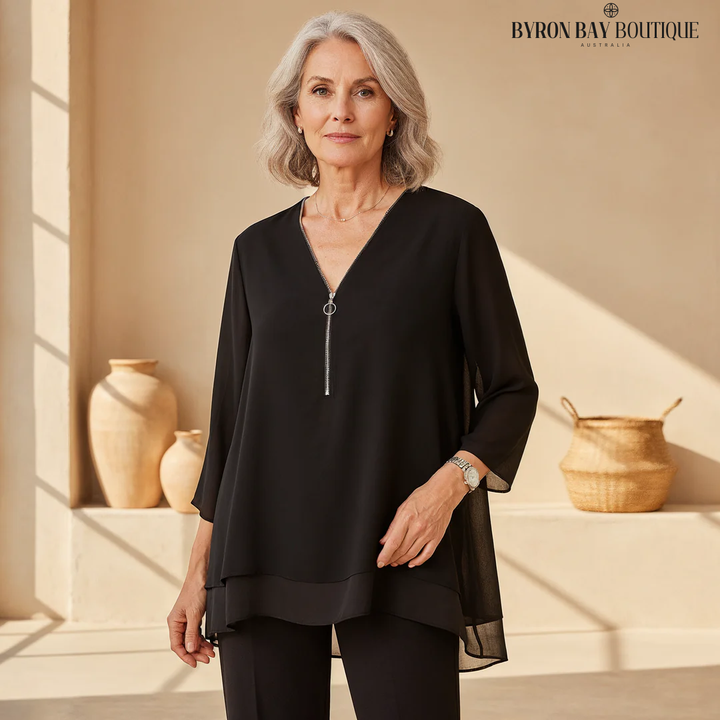 Flowy V-Neck Long Sleeve Blouse with Relaxed Fit