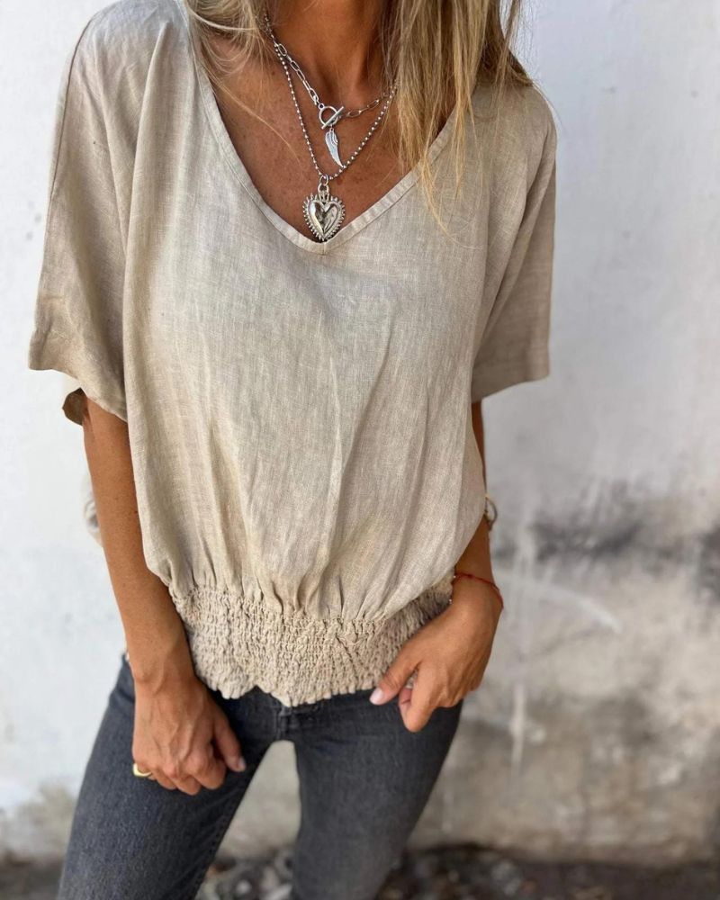 Relaxed V-Neck Short Sleeve Top with Soft Fit