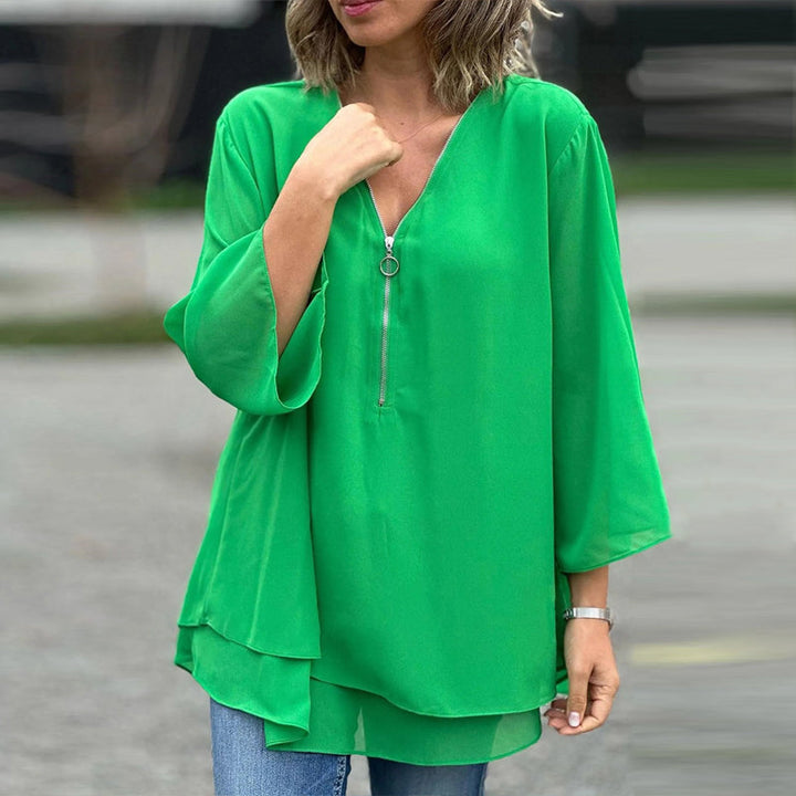 Flowy V-Neck Long Sleeve Blouse with Relaxed Fit