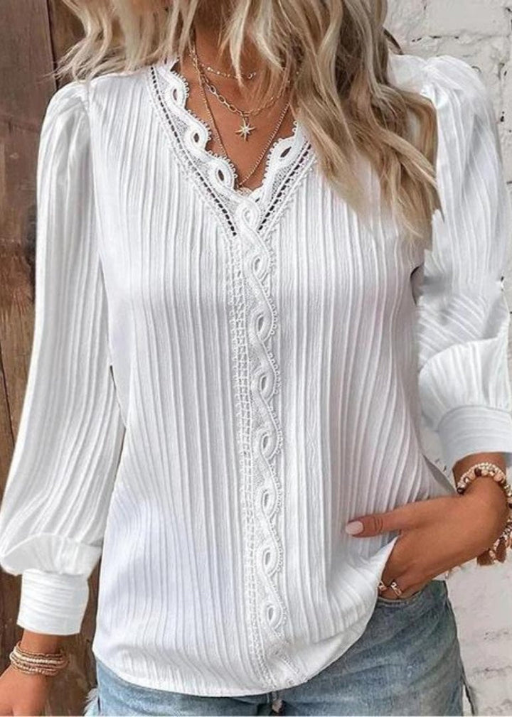 Textured V-Neck Long Sleeve Blouse with Relaxed Fit