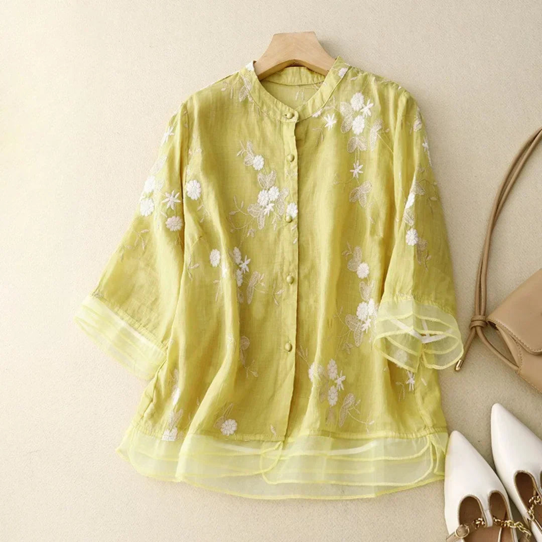 Sheer Embroidered Long Sleeve Blouse with Relaxed Fit