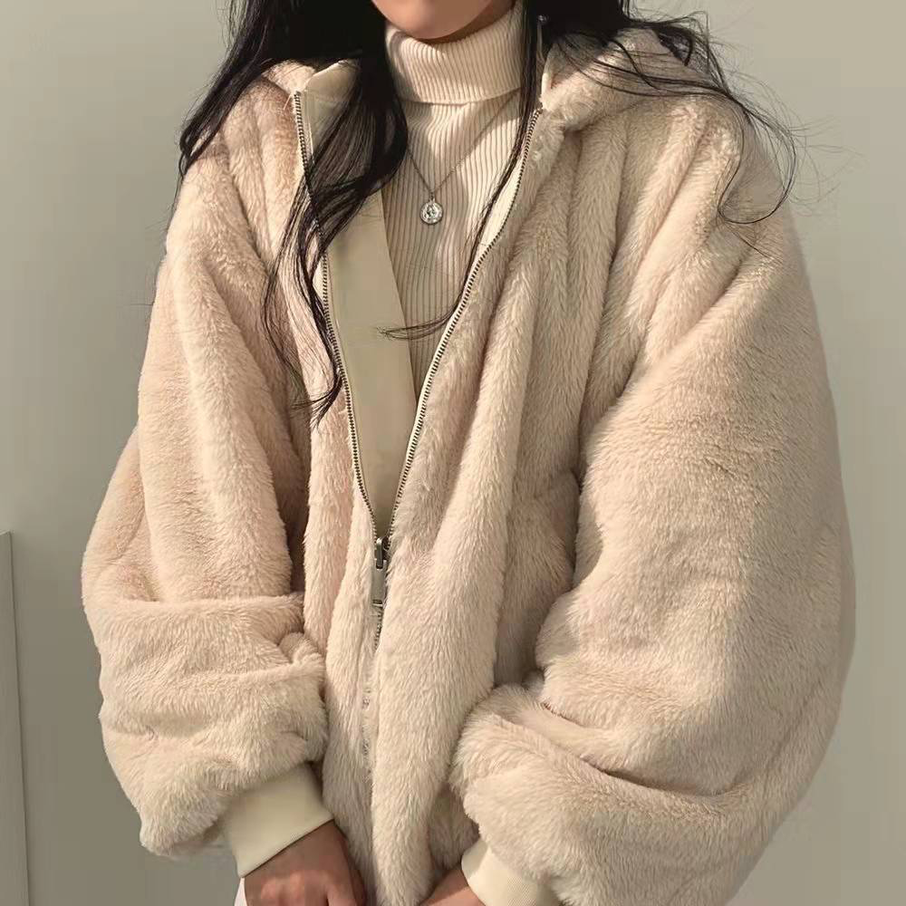Oversized teddy coat with hood - reversible padded women's jacket