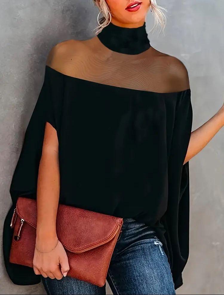 Sheer Yoke Poncho Style Top with Relaxed Fit