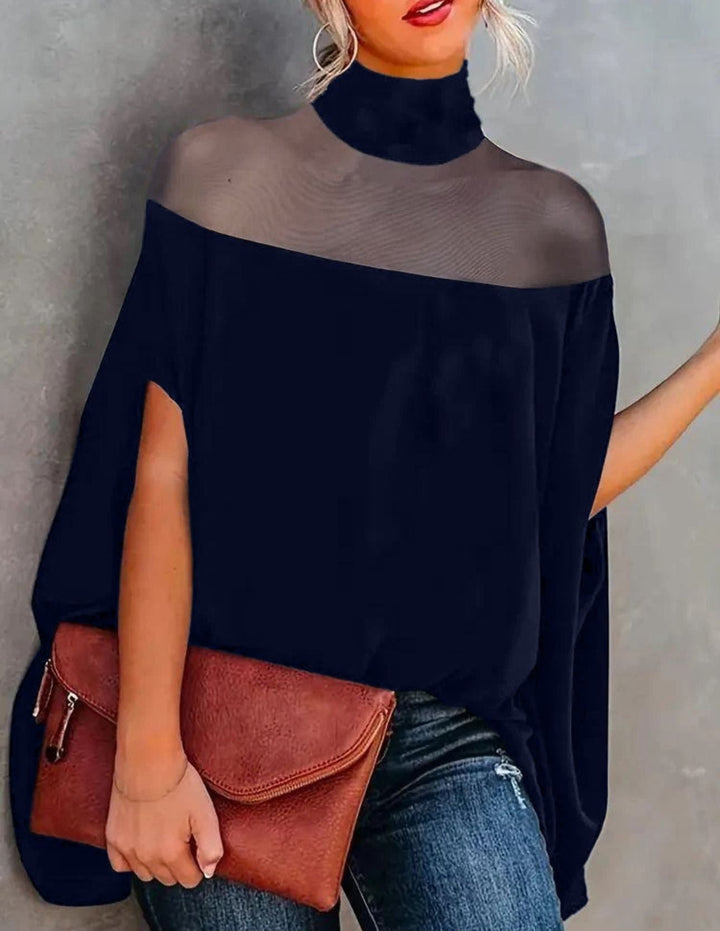 Sheer Yoke Poncho Style Top with Relaxed Fit