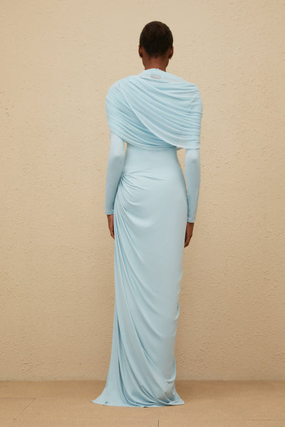 Catherine Baby-Blue Asymmetrical Pleated Long-Sleeve Maxi Dress