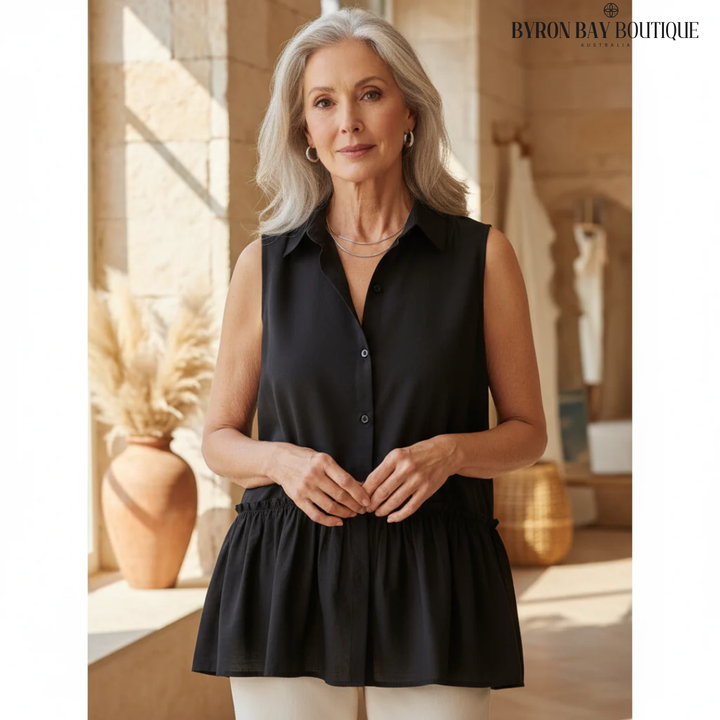 Sleeveless Button Front Peplum Top with Relaxed Fit