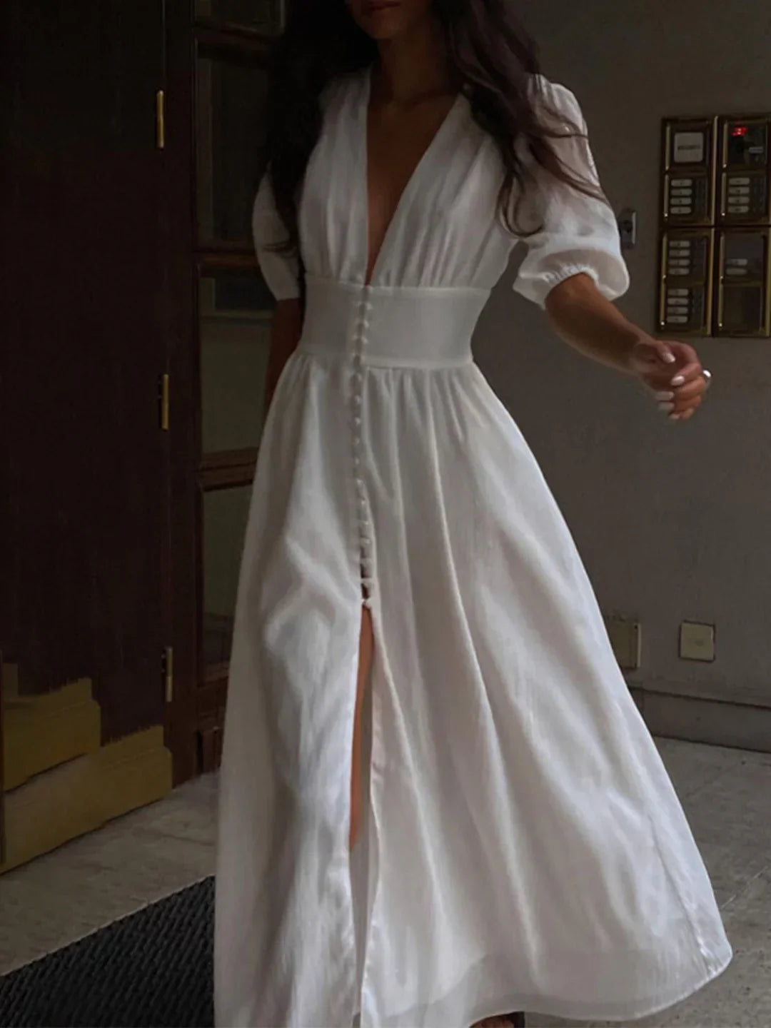 Bubble Sleeves Frenchy Button Split Long Dress