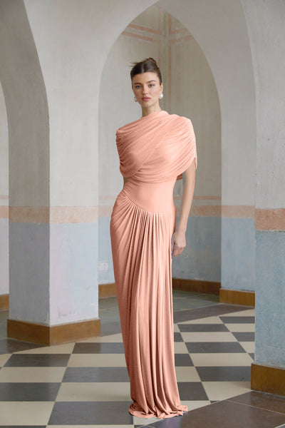 Catherine asymmetrical pleated maxi dress in Pink