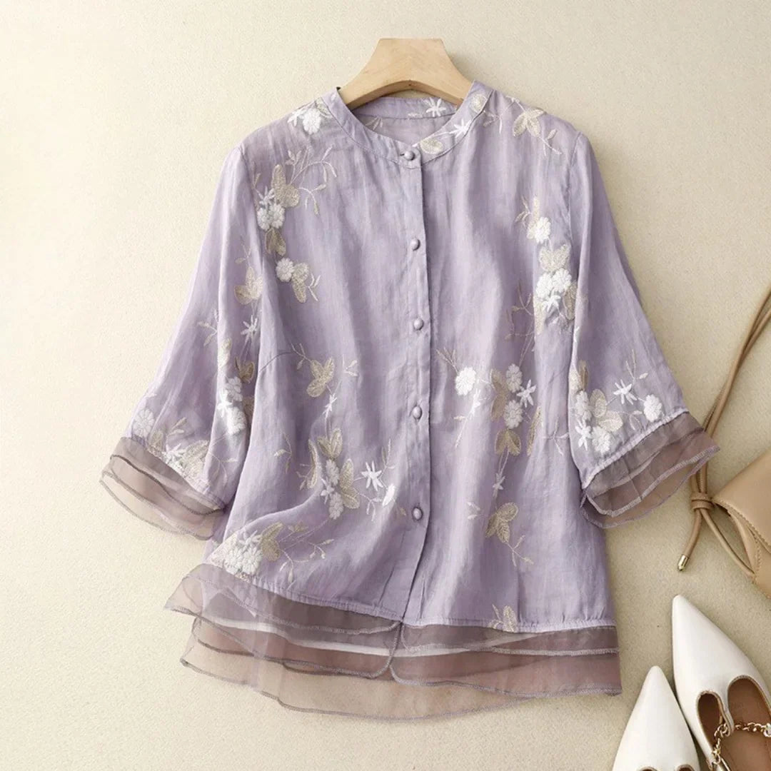 Sheer Embroidered Long Sleeve Blouse with Relaxed Fit