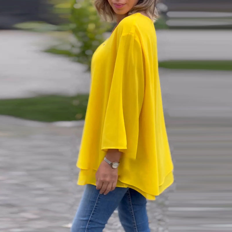 Flowy V-Neck Long Sleeve Blouse with Relaxed Fit