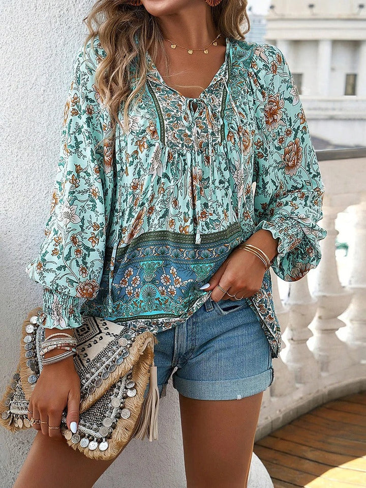 Boho Print V-Neck Blouse with Flowy Relaxed Fit