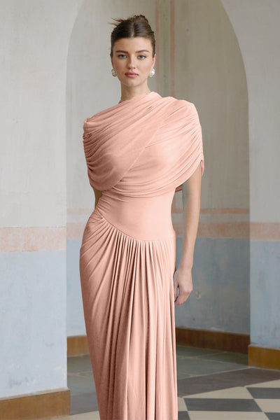Catherine asymmetrical pleated maxi dress in Pink