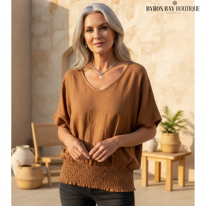 Relaxed V-Neck Short Sleeve Top with Soft Fit