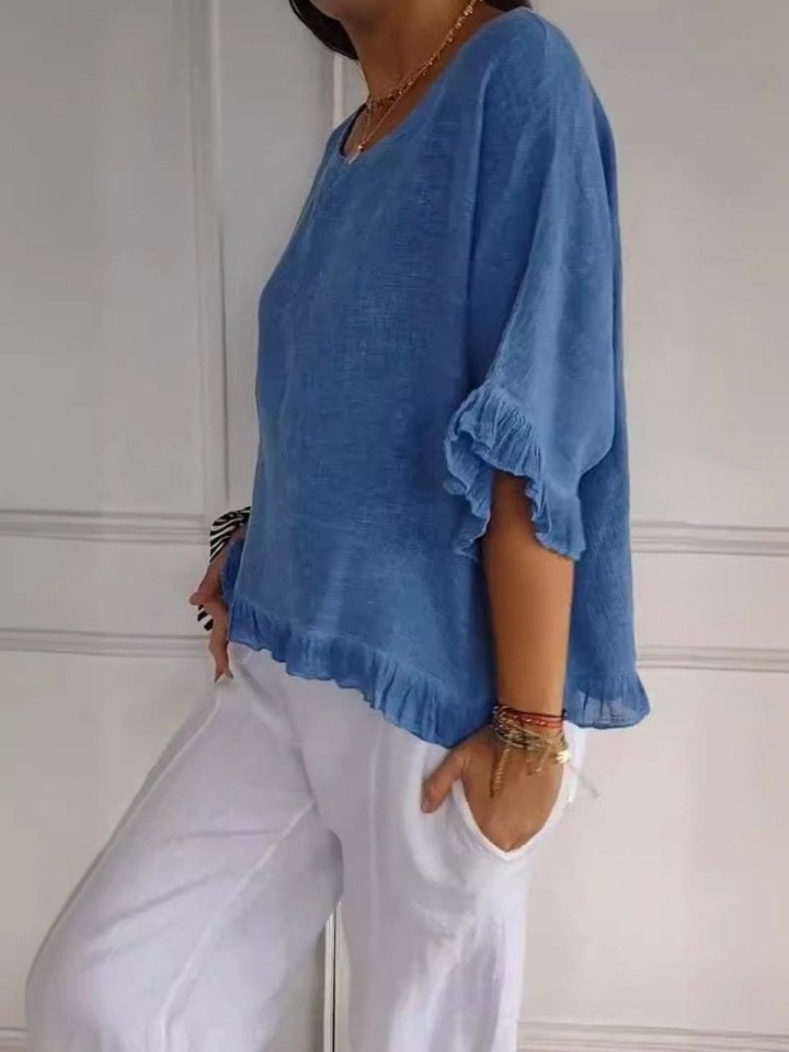 Relaxed Linen Batwing Sleeve Top with Everyday Fit