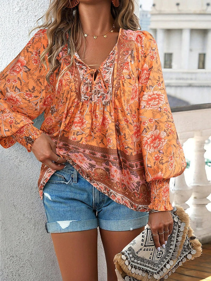 Boho Print V-Neck Blouse with Flowy Relaxed Fit