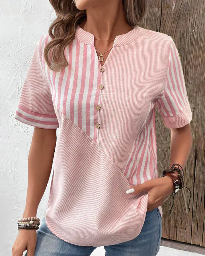 Striped Button Front Short Sleeve Blouse with Relaxed Fit