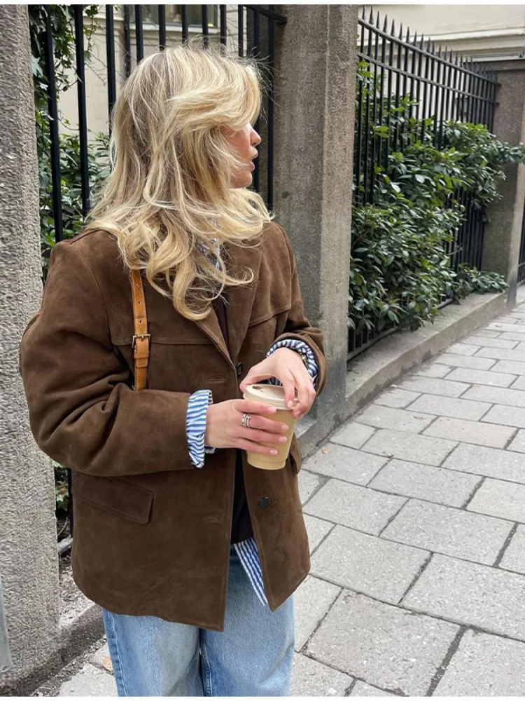 Elegant Oversized Brown Suede Fall Jacket