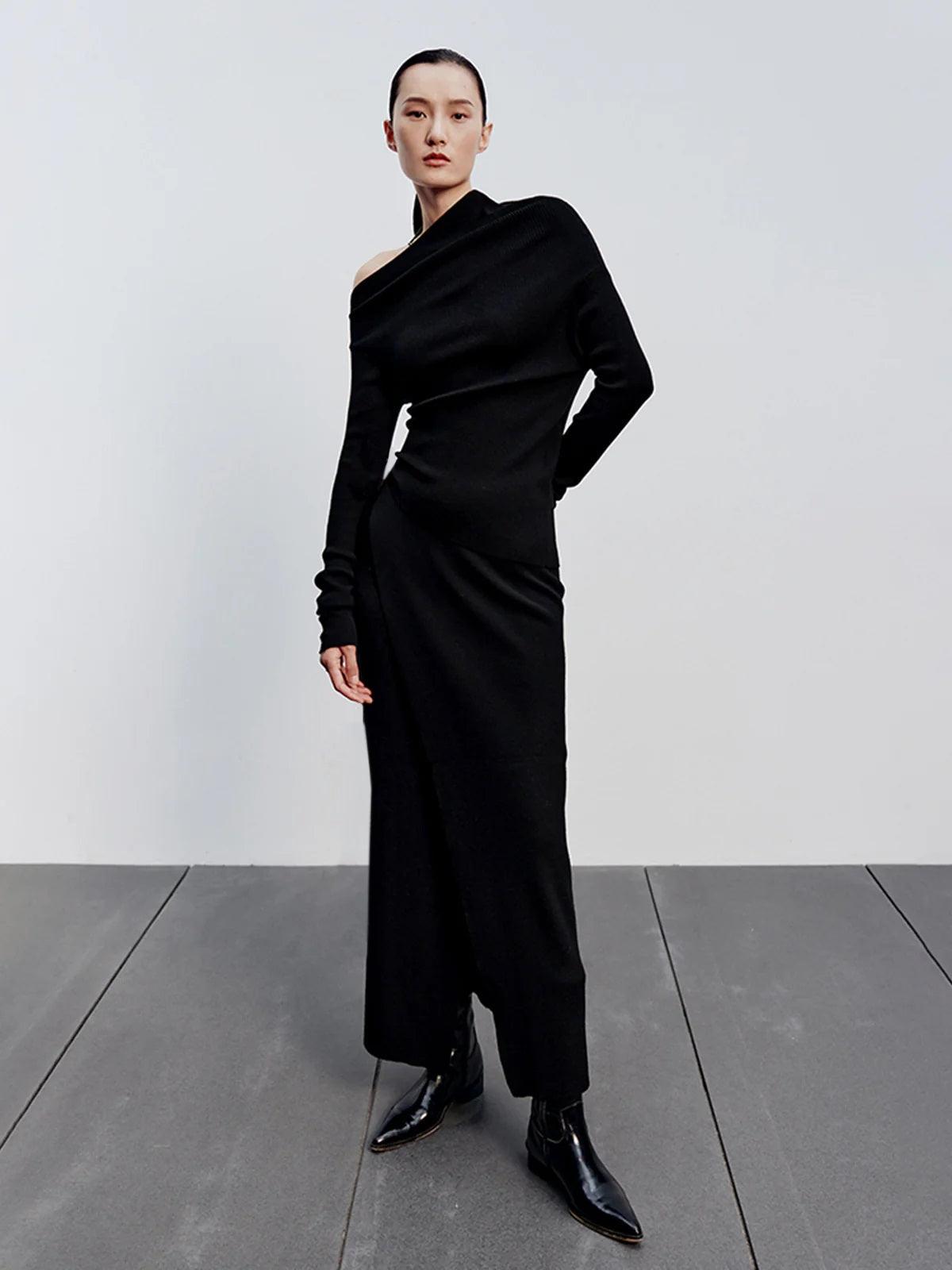 Caramel Asymmetric Neckline Long Sleeve Knit Top shkirt Suit