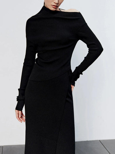 Caramel Asymmetric Neckline Long Sleeve Knit Top shkirt Suit