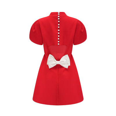 Anna red petal-sleeve cut-out bow mini dress