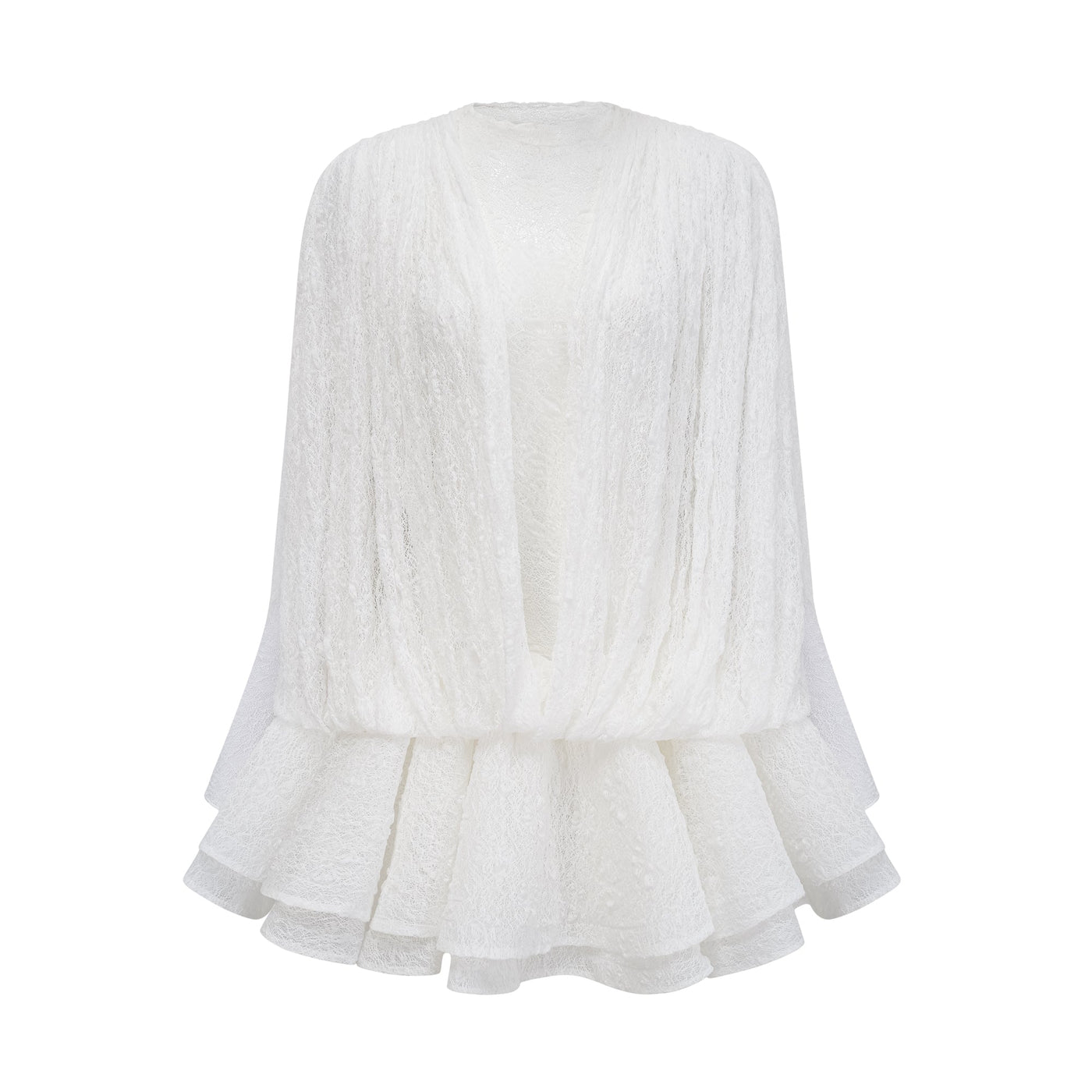 Isoline white semi-sheer lace top & shorts & dress matching set