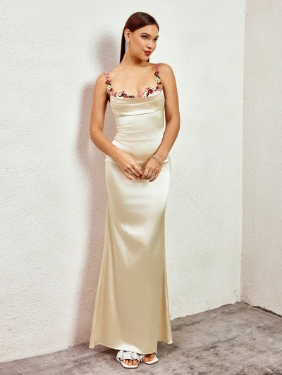 Embellished Strap Tie Back Satin Bodycon Dress