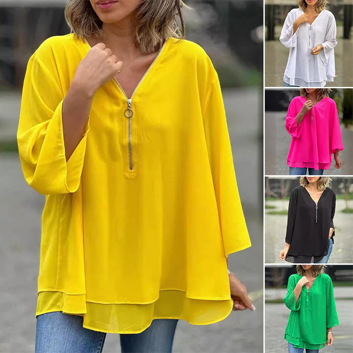 Flowy V-Neck Long Sleeve Blouse with Relaxed Fit