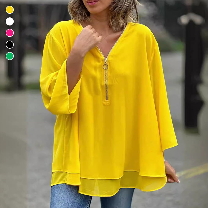 Flowy V-Neck Long Sleeve Blouse with Relaxed Fit