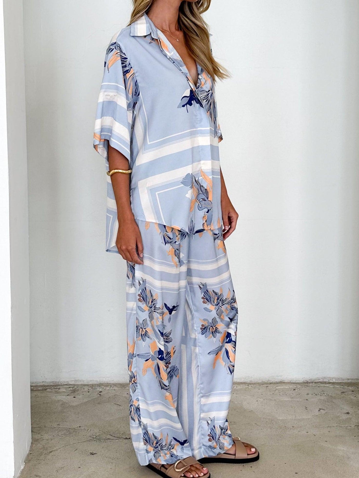 Powder Blue Floral Casual Loose Shirt and Trousers Set