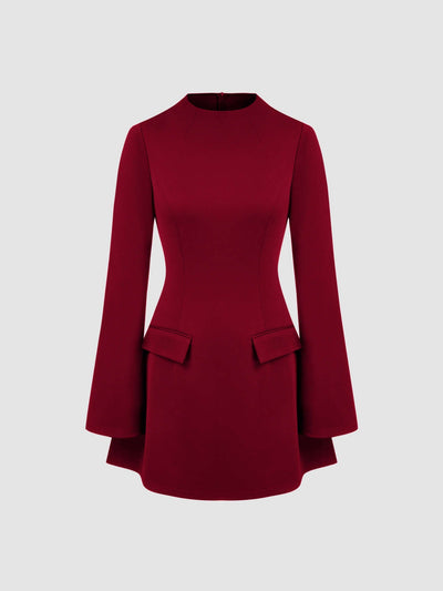 High Neck Solid Long Sleeve Mini Dress