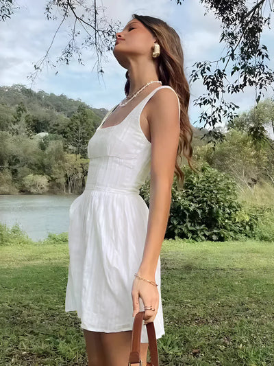 Semi-Sheer Solid Square Neckline Short Dress