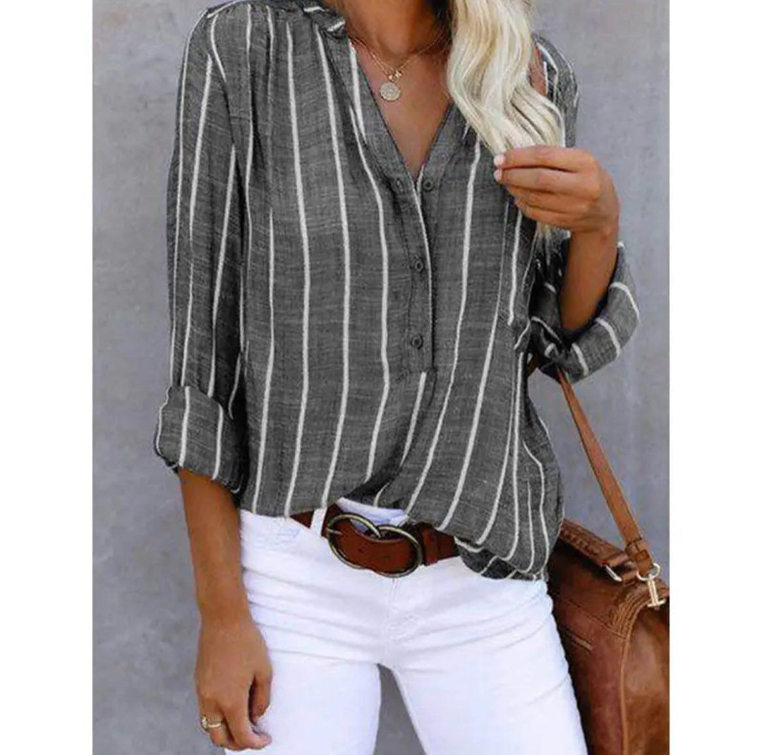 Striped V-Neck Button-Up Blouse with Relaxed Fit